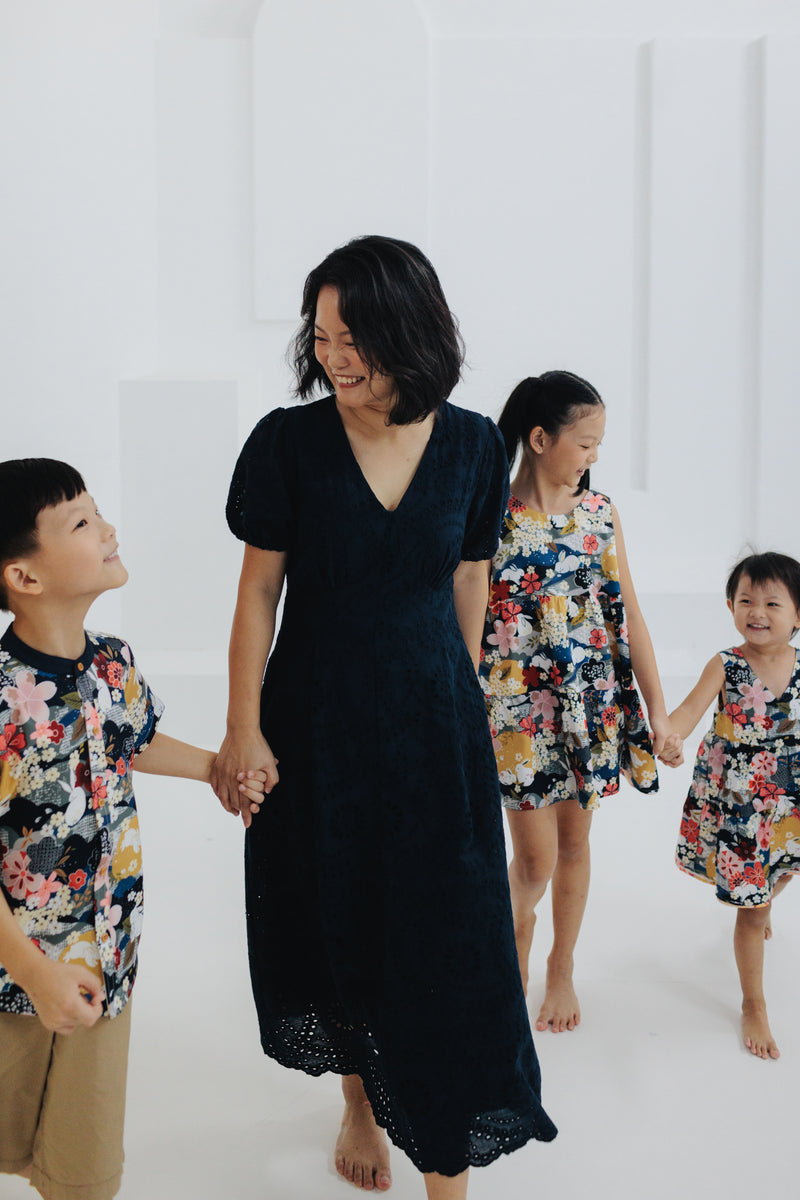Embroidery Eyelet Scallop Hem Midi Dress (Navy)
