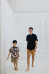 (MEN) Mandarin Collar with Wooden Button Shirt  (Navy Eyelet)