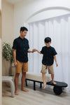 (MEN) Mandarin Collar with Wooden Button Shirt  (Navy Eyelet)