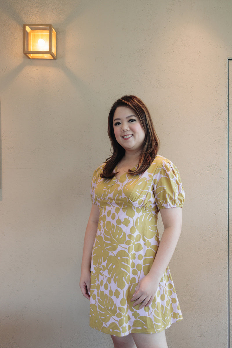 V-neck Floral Mini Dress (Mustard Monstera)