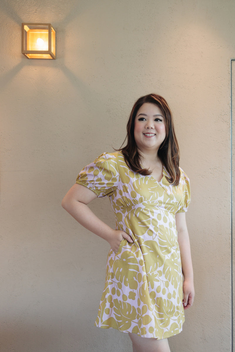 V-neck Floral Mini Dress (Mustard Monstera)