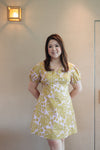 V-neck Floral Mini Dress (Mustard Monstera)