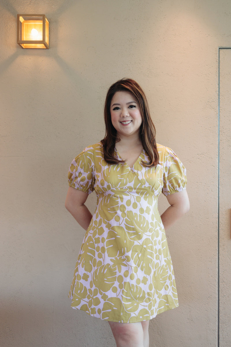 V-neck Floral Mini Dress (Mustard Monstera)