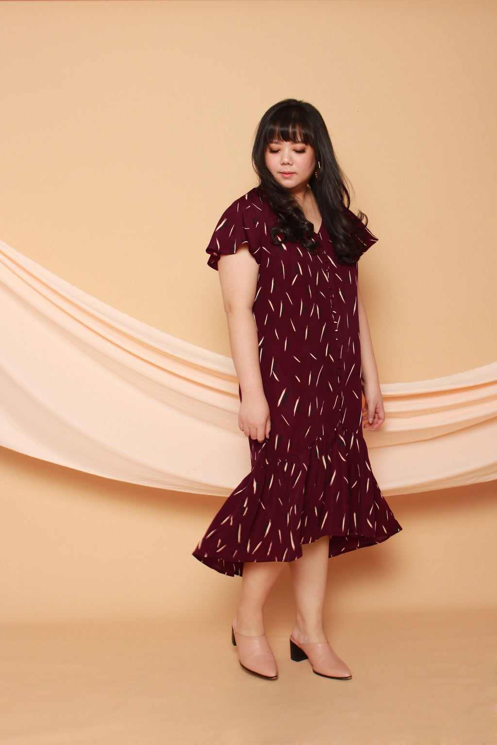 Asymmetrical Frills Midi Dress (Maroon), Dress - 1214 Alley