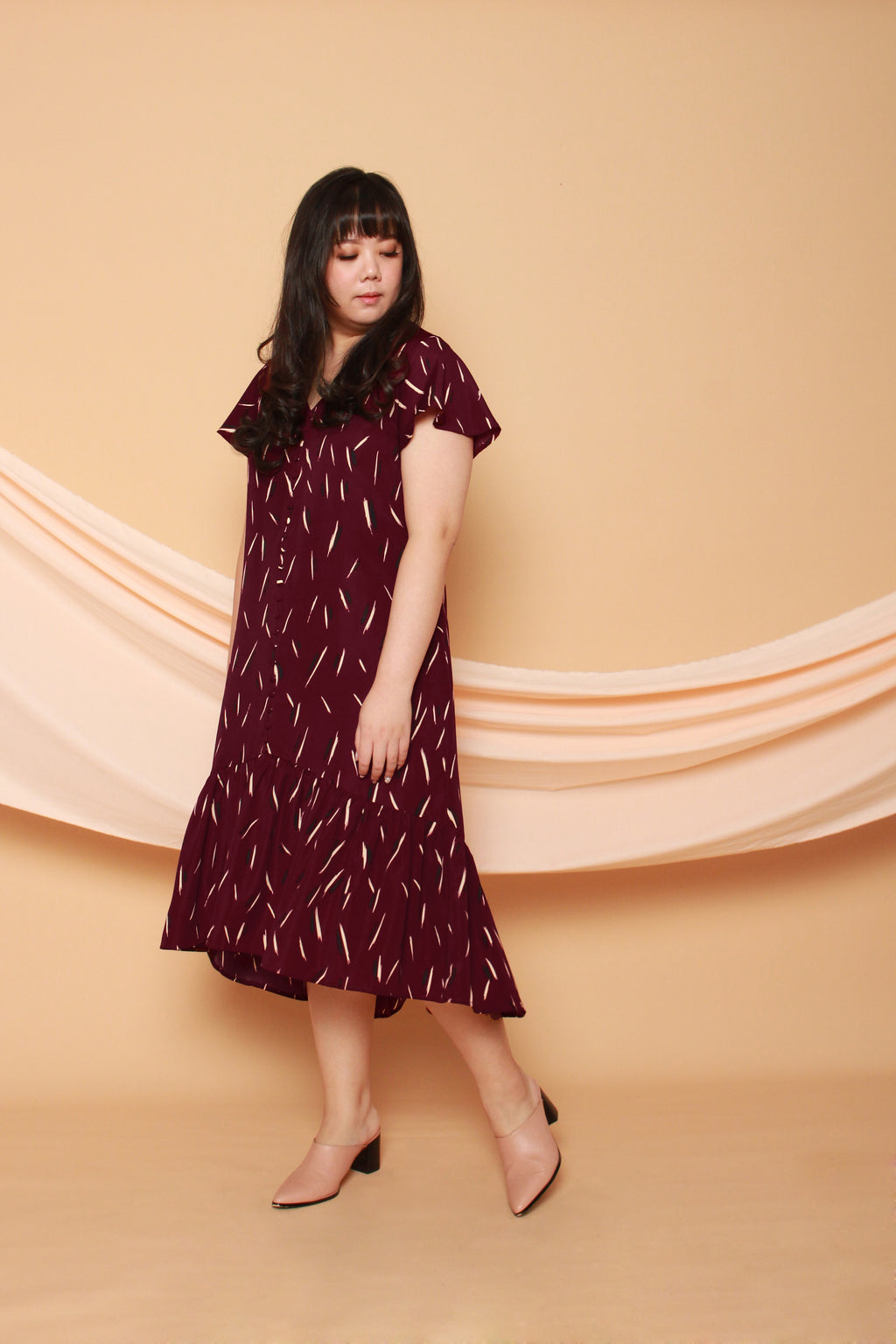 Asymmetrical Frills Midi Dress (Maroon), Dress - 1214 Alley