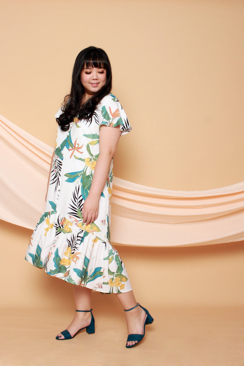Asymmetrical Frills Midi Dress (White), Dress - 1214 Alley