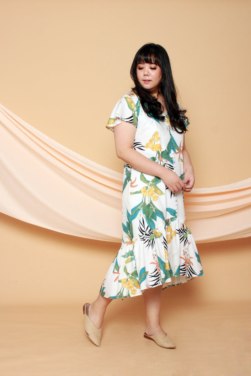 Asymmetrical Frills Midi Dress (White), Dress - 1214 Alley
