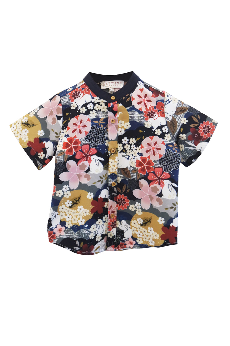 (BOY) Mandarin Collar with Wooden Button Shirt  (édition limitée print - Lunar Rabbit)