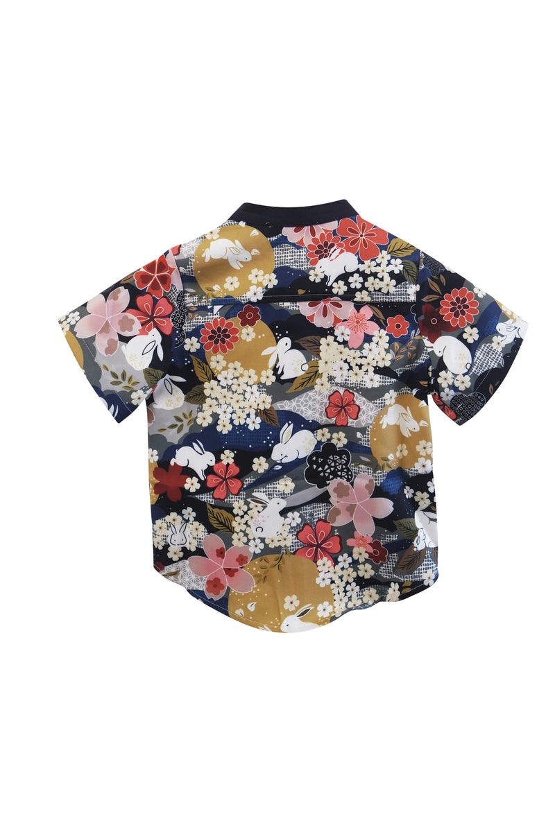 (BOY) Mandarin Collar with Wooden Button Shirt  (édition limitée print - Lunar Rabbit)