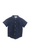 (BOY) Mandarin Collar with Wooden Button Shirt  (Navy Crochet)