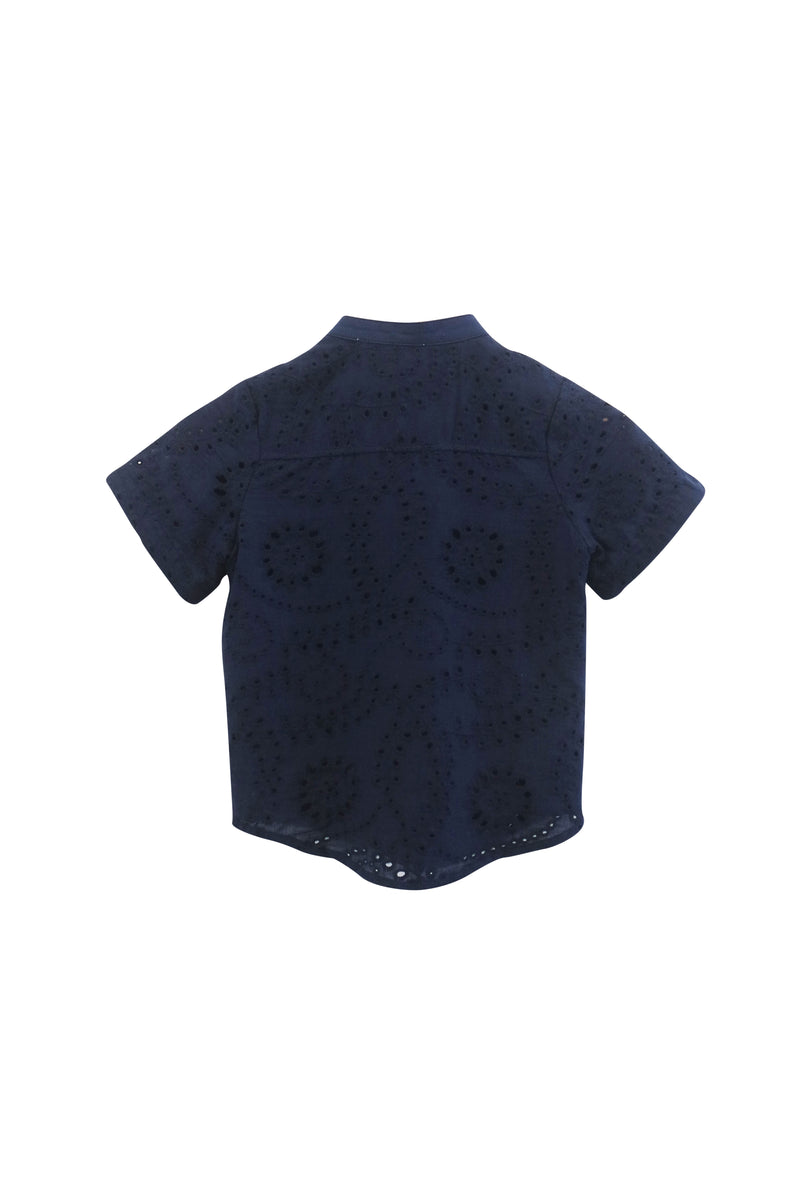 (BOY) Mandarin Collar with Wooden Button Shirt  (Navy Crochet)