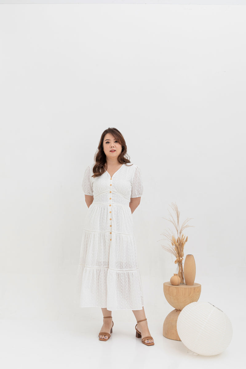 Embroidered Smocked Back Midi Dress (White)
