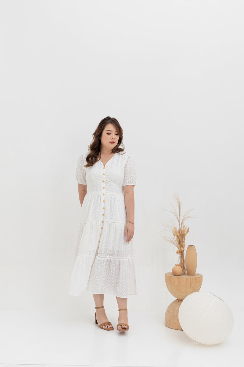 Embroidered Smocked Back Midi Dress (White)