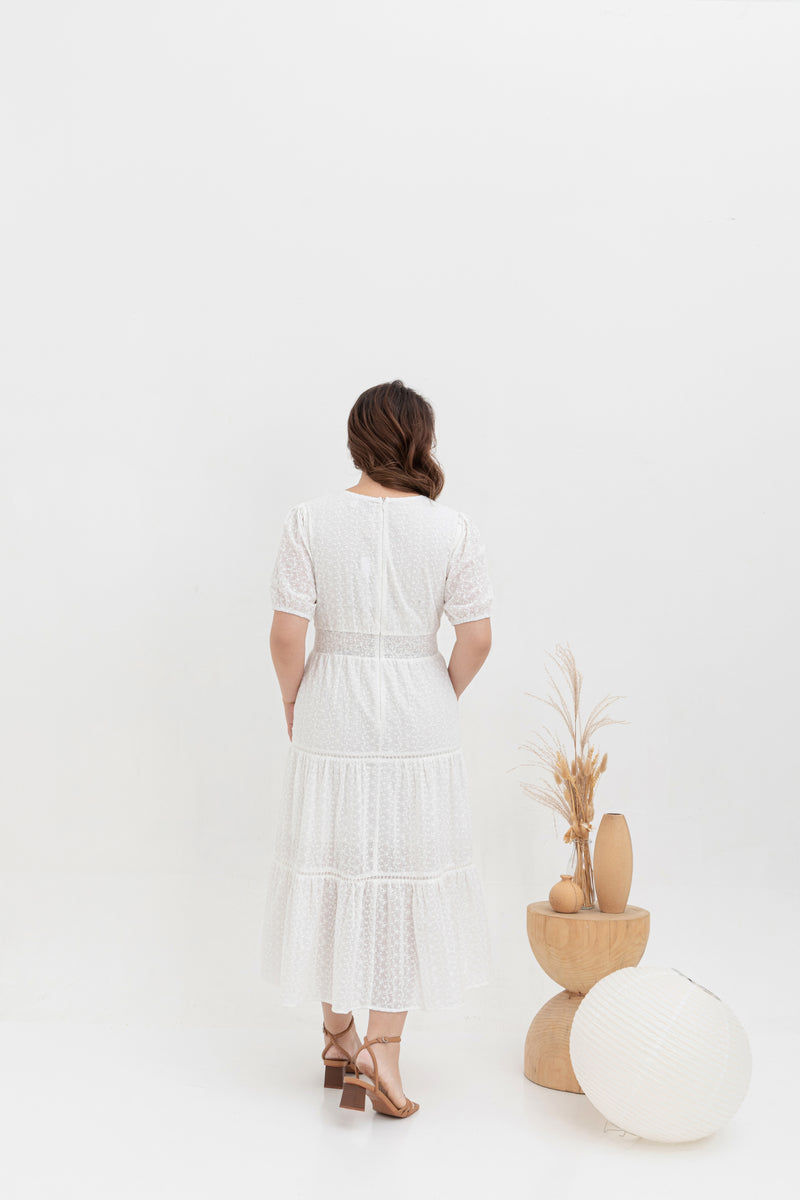 Embroidered Smocked Back Midi Dress (White)