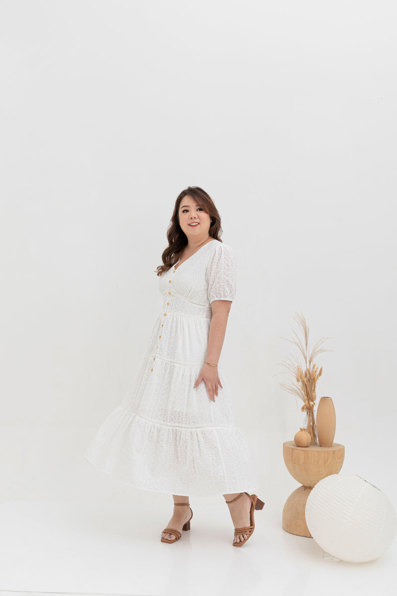 Embroidered Smocked Back Midi Dress (White)