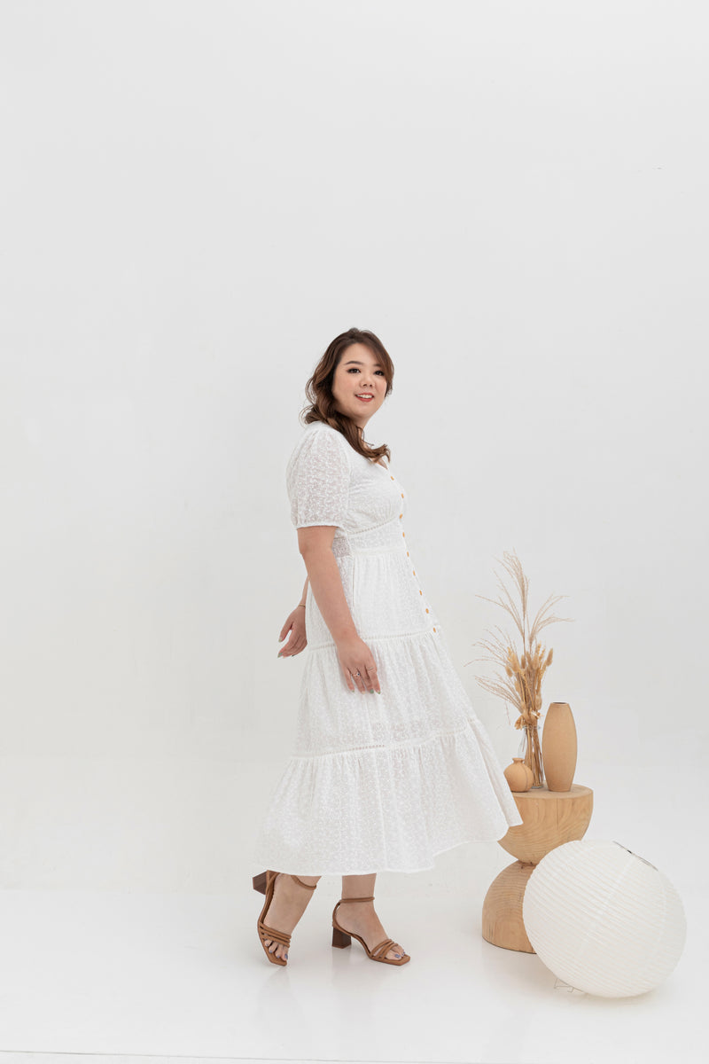 Embroidered Smocked Back Midi Dress (White)