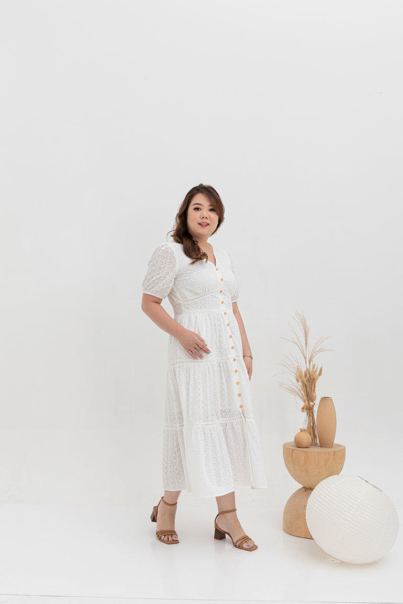 Embroidered Smocked Back Midi Dress (White)
