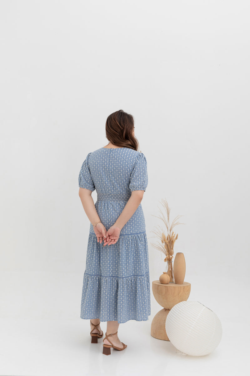 Embroidered Smocked Back Midi Dress (Sky Blue)