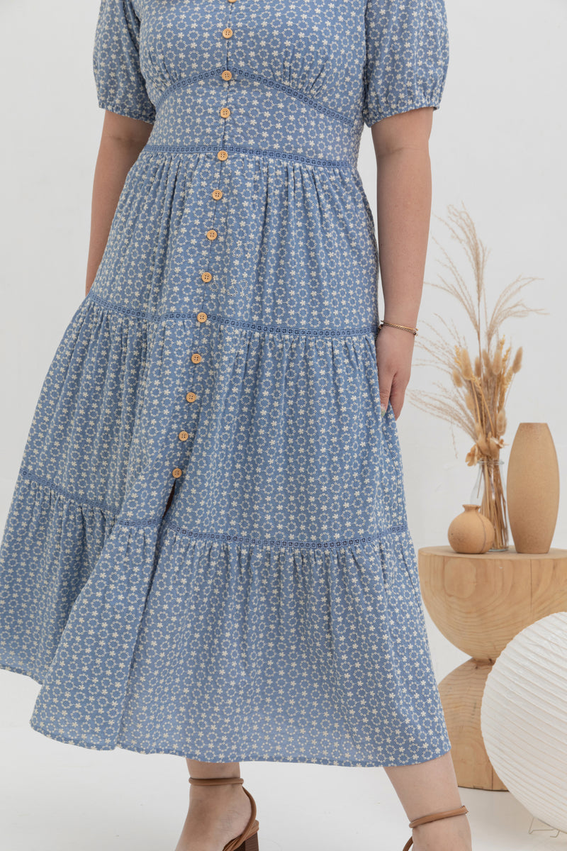Embroidered Smocked Back Midi Dress (Sky Blue)