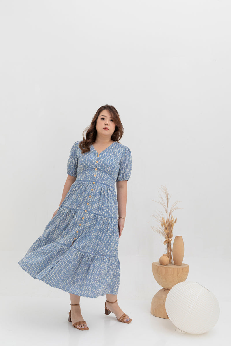 Embroidered Smocked Back Midi Dress (Sky Blue)