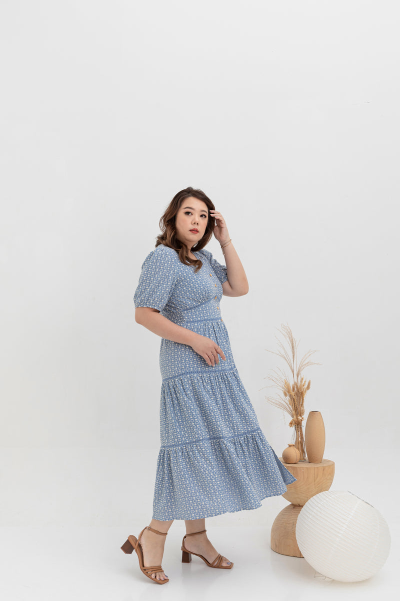 Embroidered Smocked Back Midi Dress (Sky Blue)