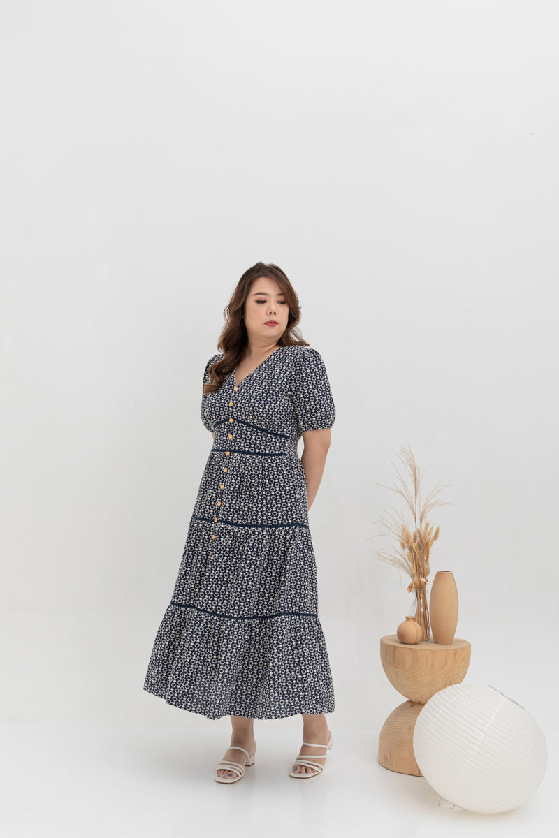 Embroidered Smocked Back Midi Dress (Navy)
