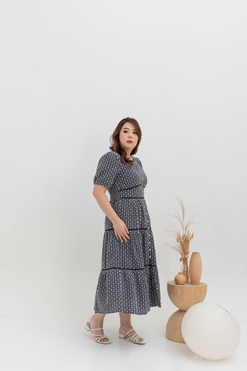 Embroidered Smocked Back Midi Dress (Navy)