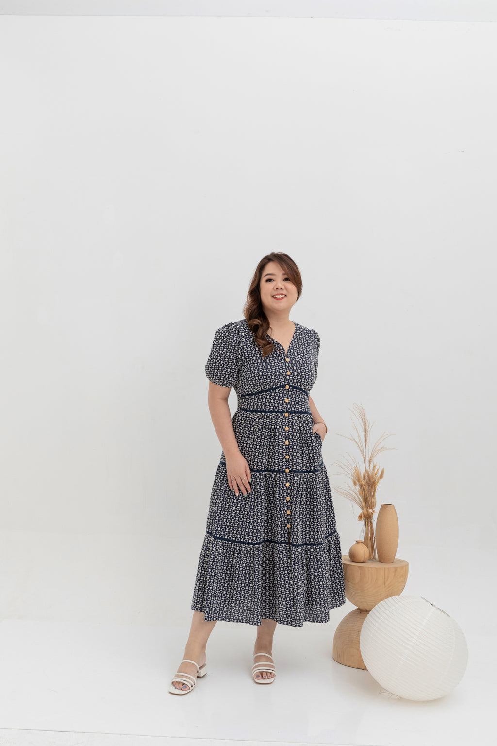 Embroidered Smocked Back Midi Dress (Navy)