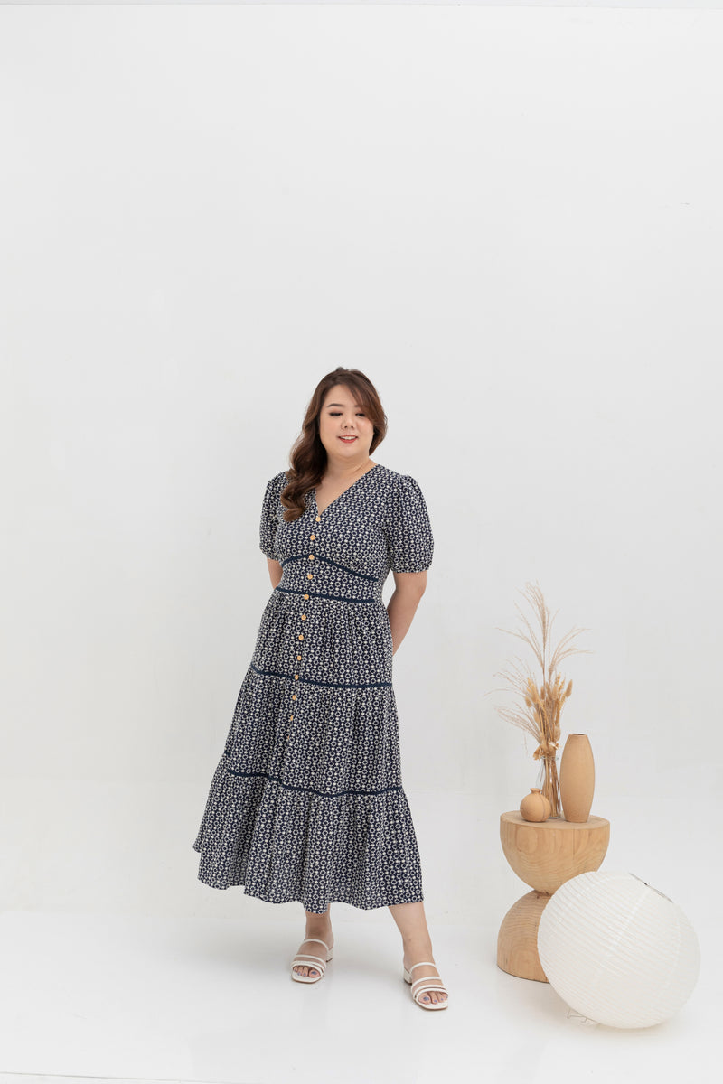 Embroidered Smocked Back Midi Dress (Navy)