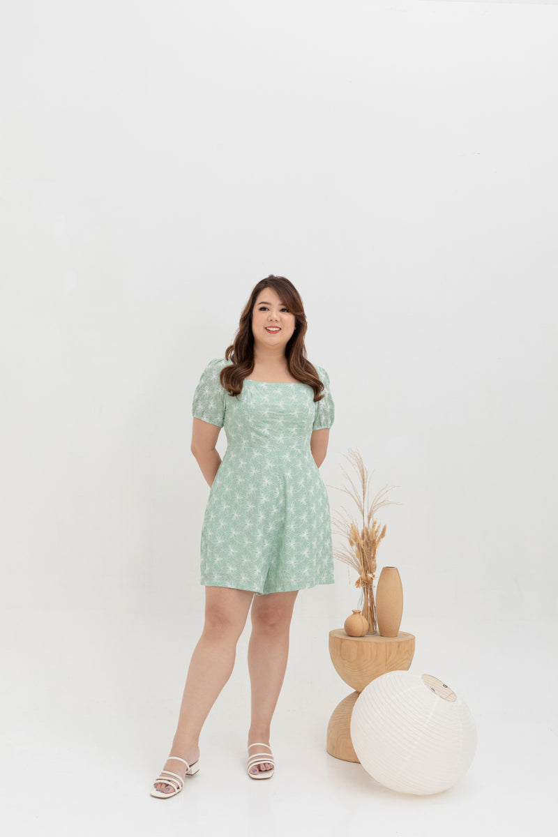 Square Neck Embroidered Romper (Tea Green)