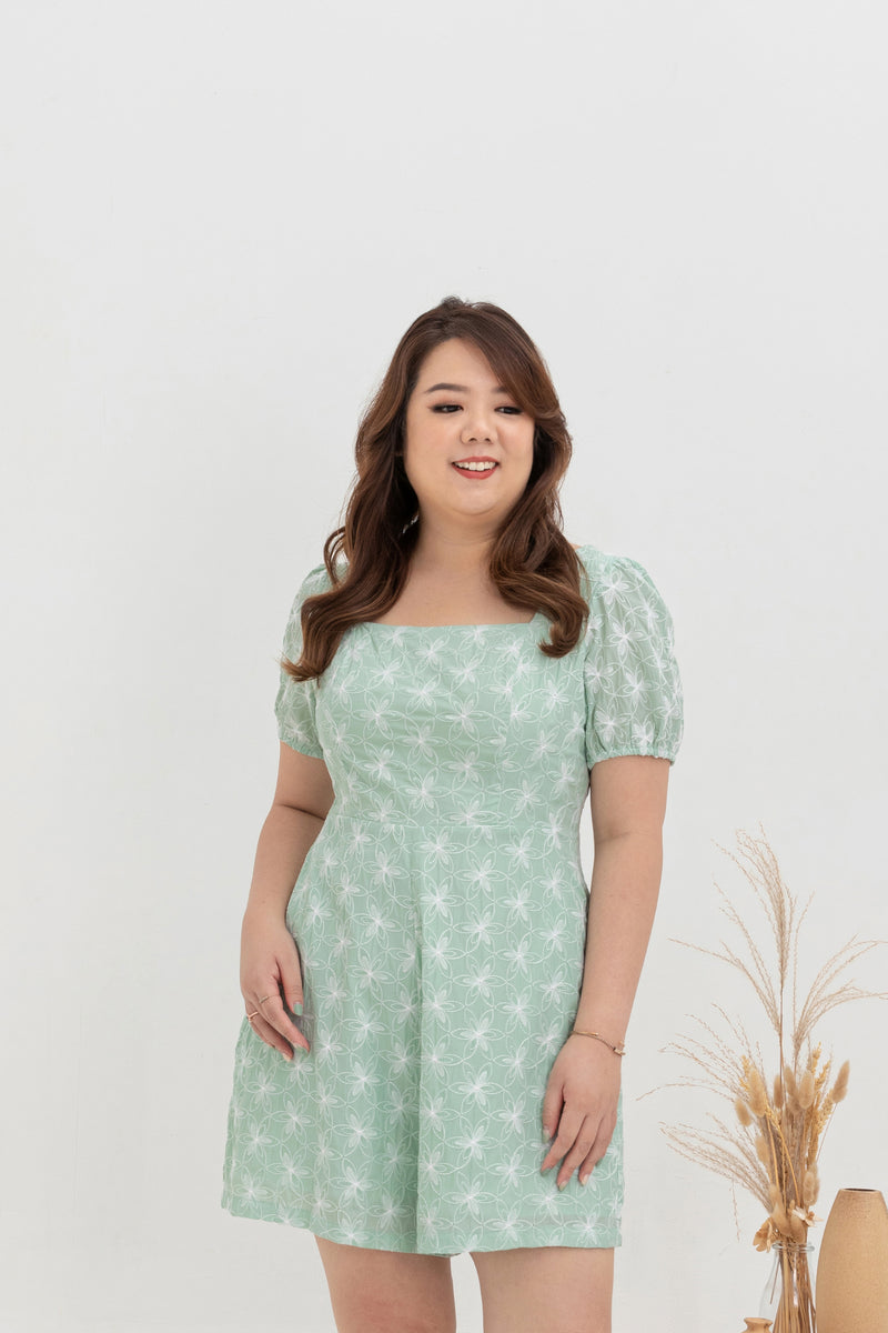 Square Neck Embroidered Romper (Tea Green)