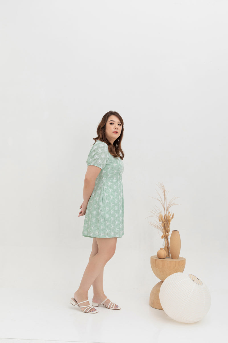 Square Neck Embroidered Romper (Tea Green)