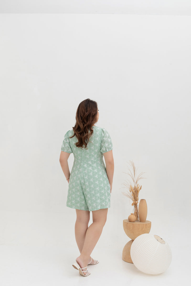 Square Neck Embroidered Romper (Tea Green)