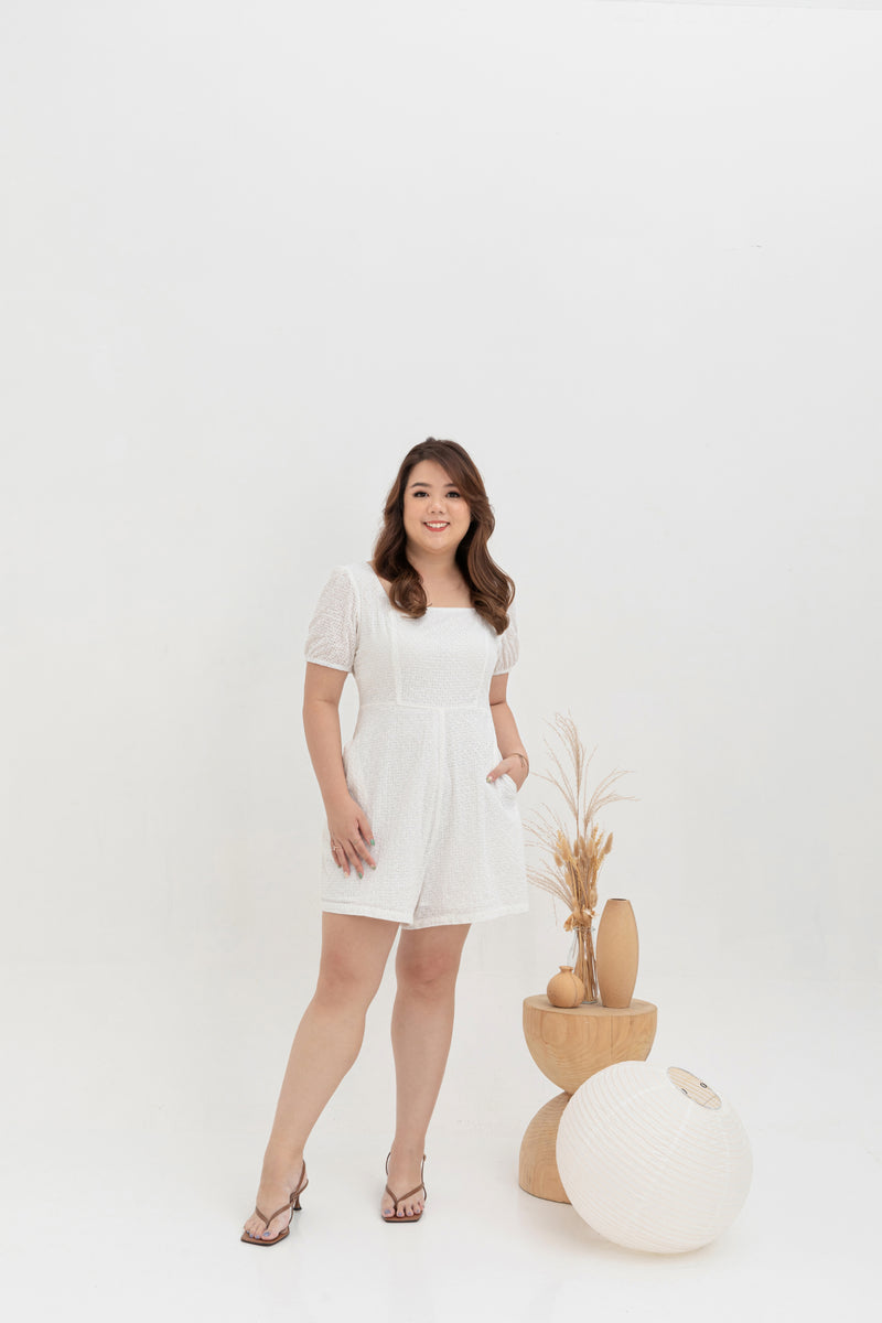 Square Neck Embroidered Romper (White)