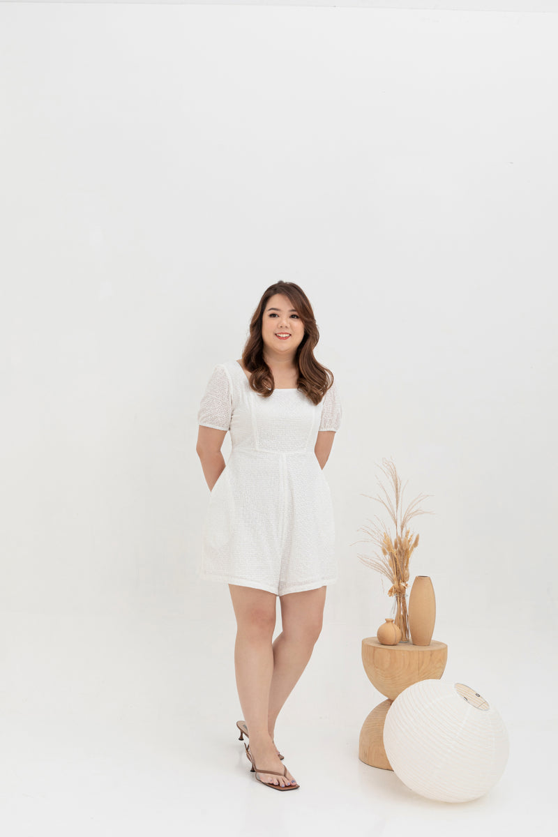 Square Neck Embroidered Romper (White)