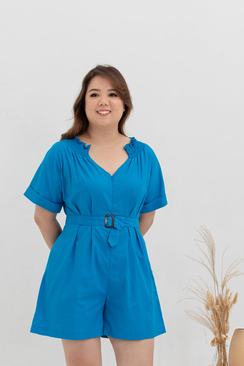 Front Zip Linen Romper (Blue)