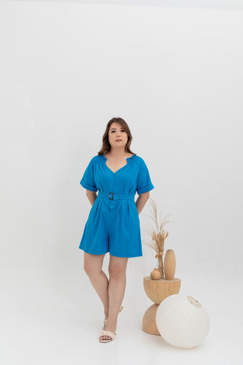 Front Zip Linen Romper (Blue)