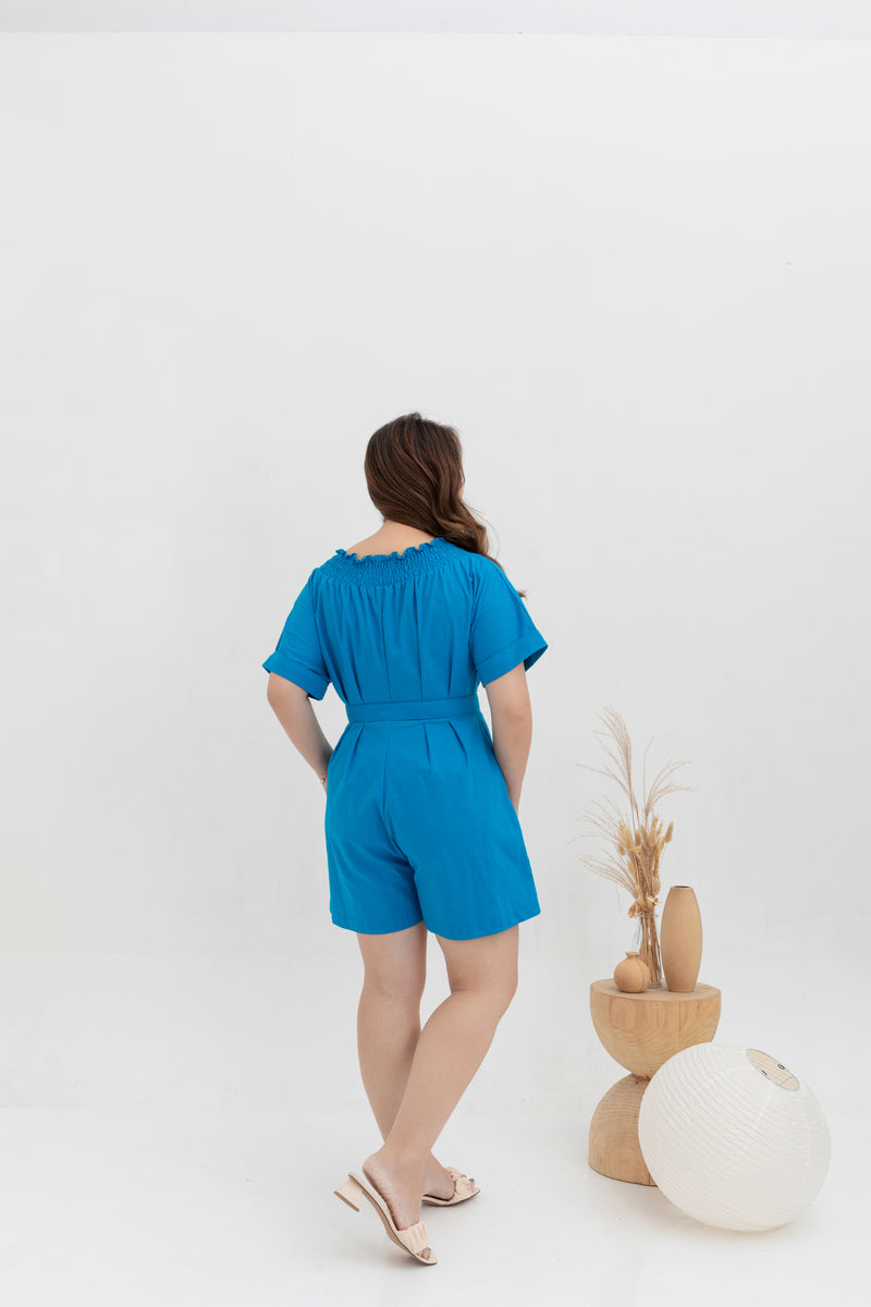 Front Zip Linen Romper (Blue)