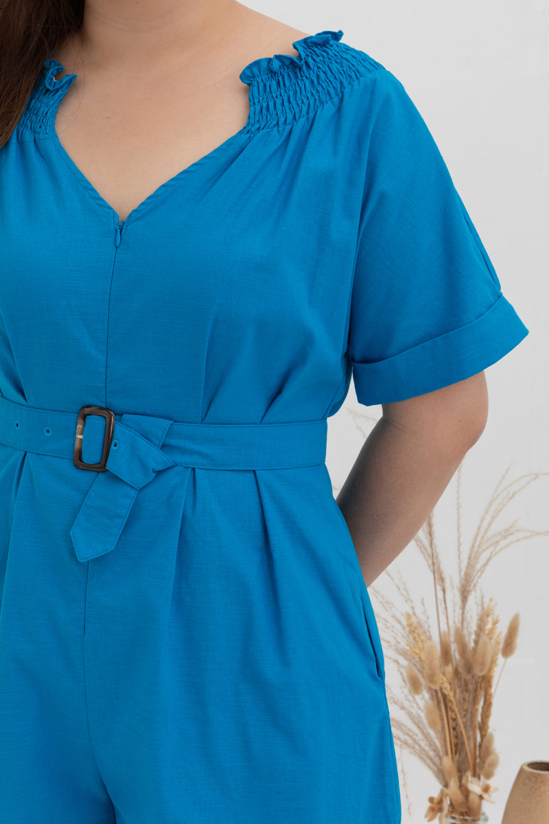 Front Zip Linen Romper (Blue)