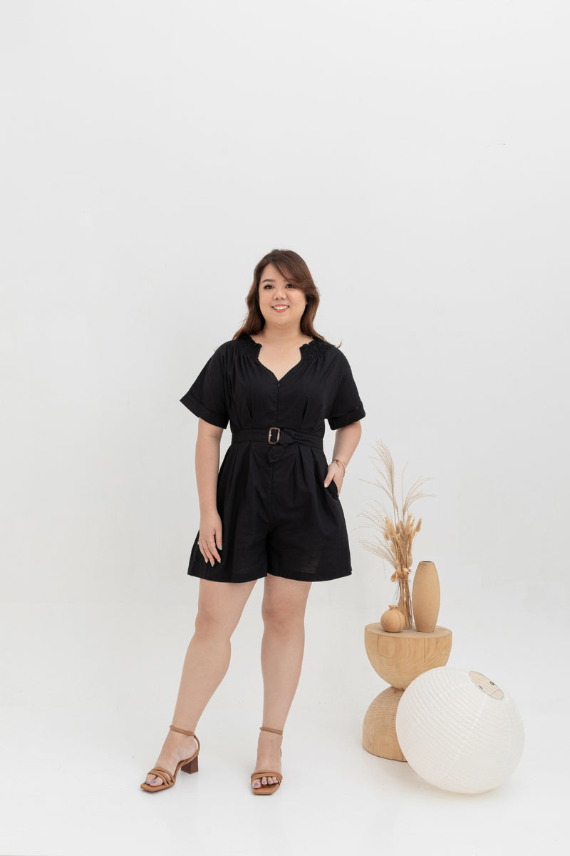 Front Zip Linen Romper (Black)