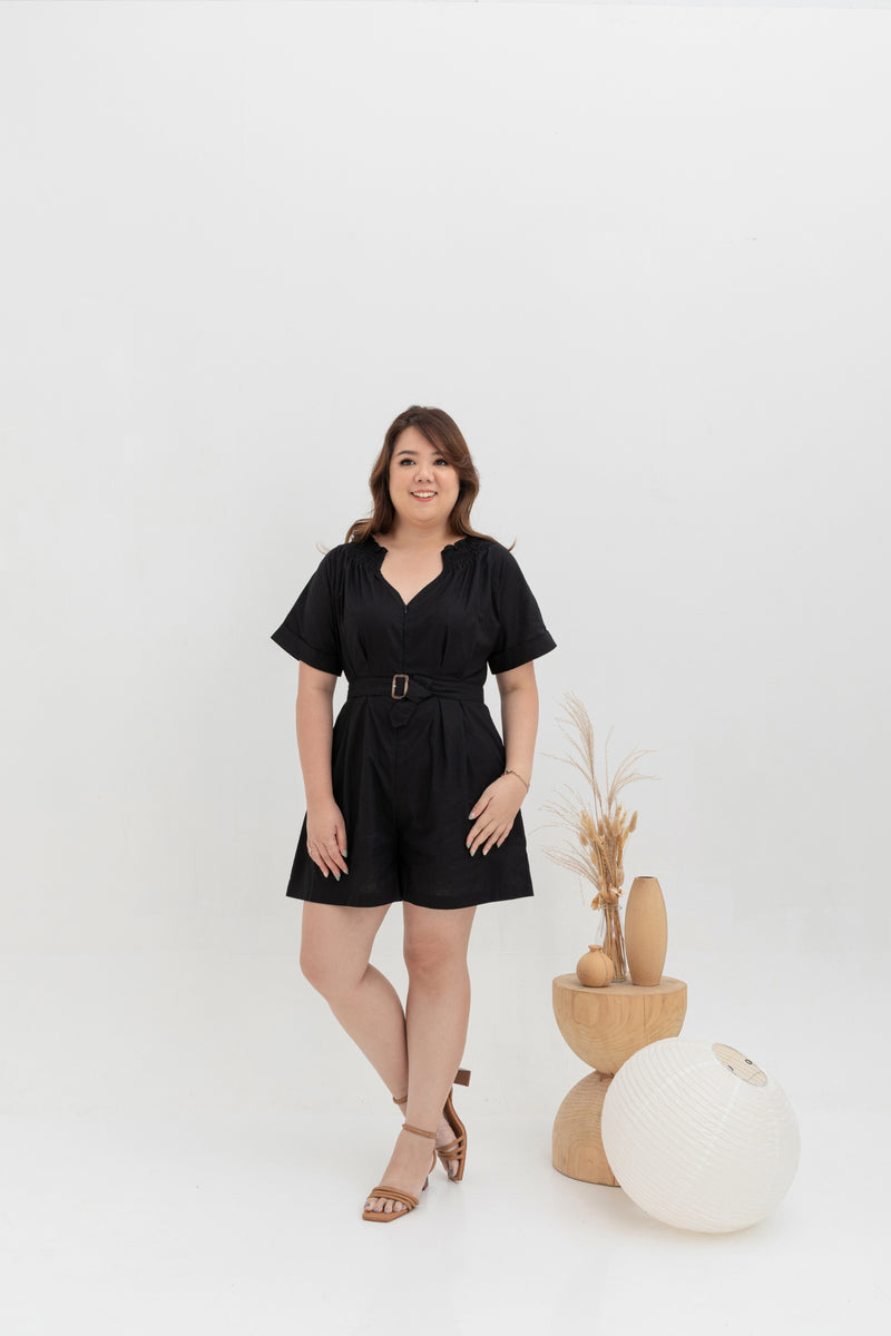 Front Zip Linen Romper (Black)