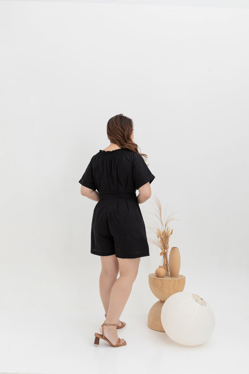 Front Zip Linen Romper (Black)