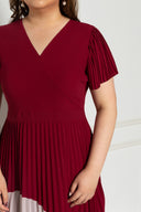 Pleated Colour Block Dress (Maroon), Dress - 1214 Alley
