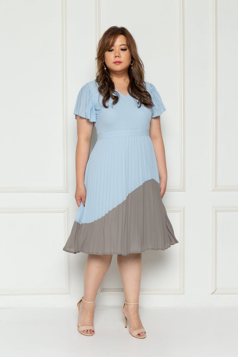 Pleated Colour Block Dress (Powder Blue), Dress - 1214 Alley