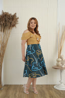 Cold Shoulder Gathered Waist Dress - (ELTWINE x AIRIN - Fields of the Valley in Mustard)