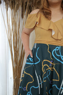 Cold Shoulder Gathered Waist Dress - (ELTWINE x AIRIN - Fields of the Valley in Mustard)