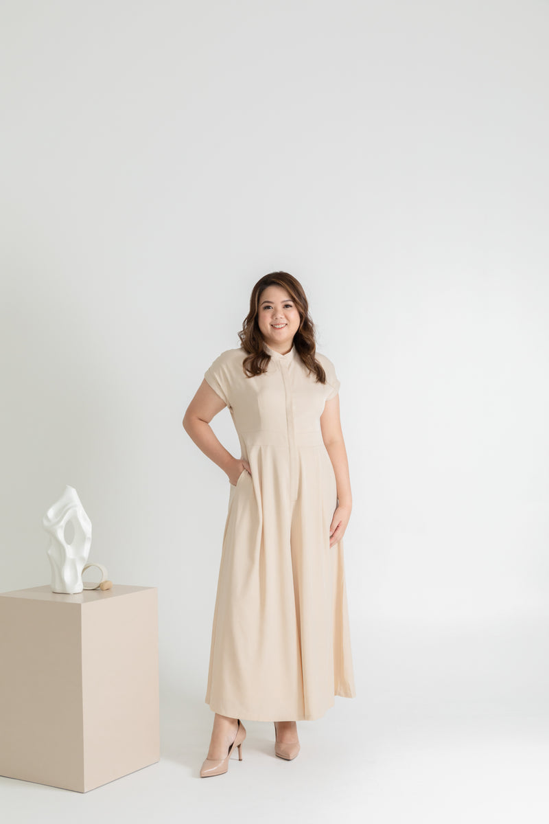 Front Button Mandarin Collar Wide Leg Jumpsuit (Creme)