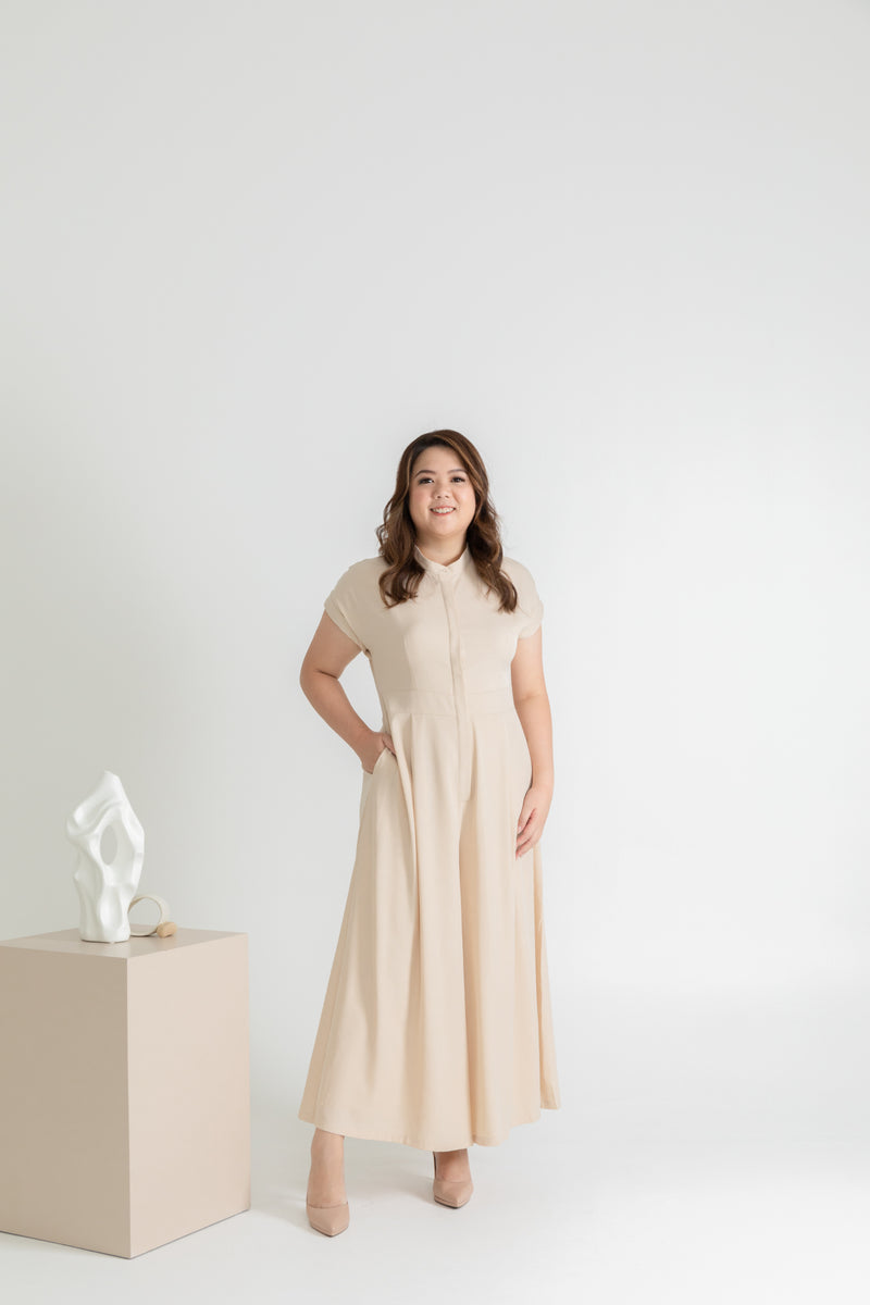 Front Button Mandarin Collar Wide Leg Jumpsuit (Creme)