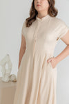 Front Button Mandarin Collar Wide Leg Jumpsuit (Creme)