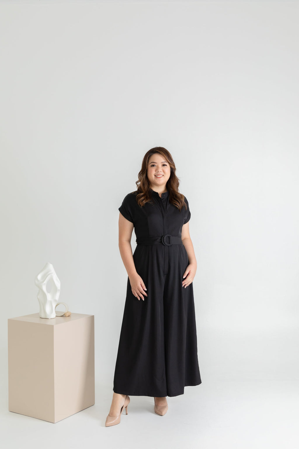 Front Button Mandarin Collar Wide Leg Jumpsuit (Black)